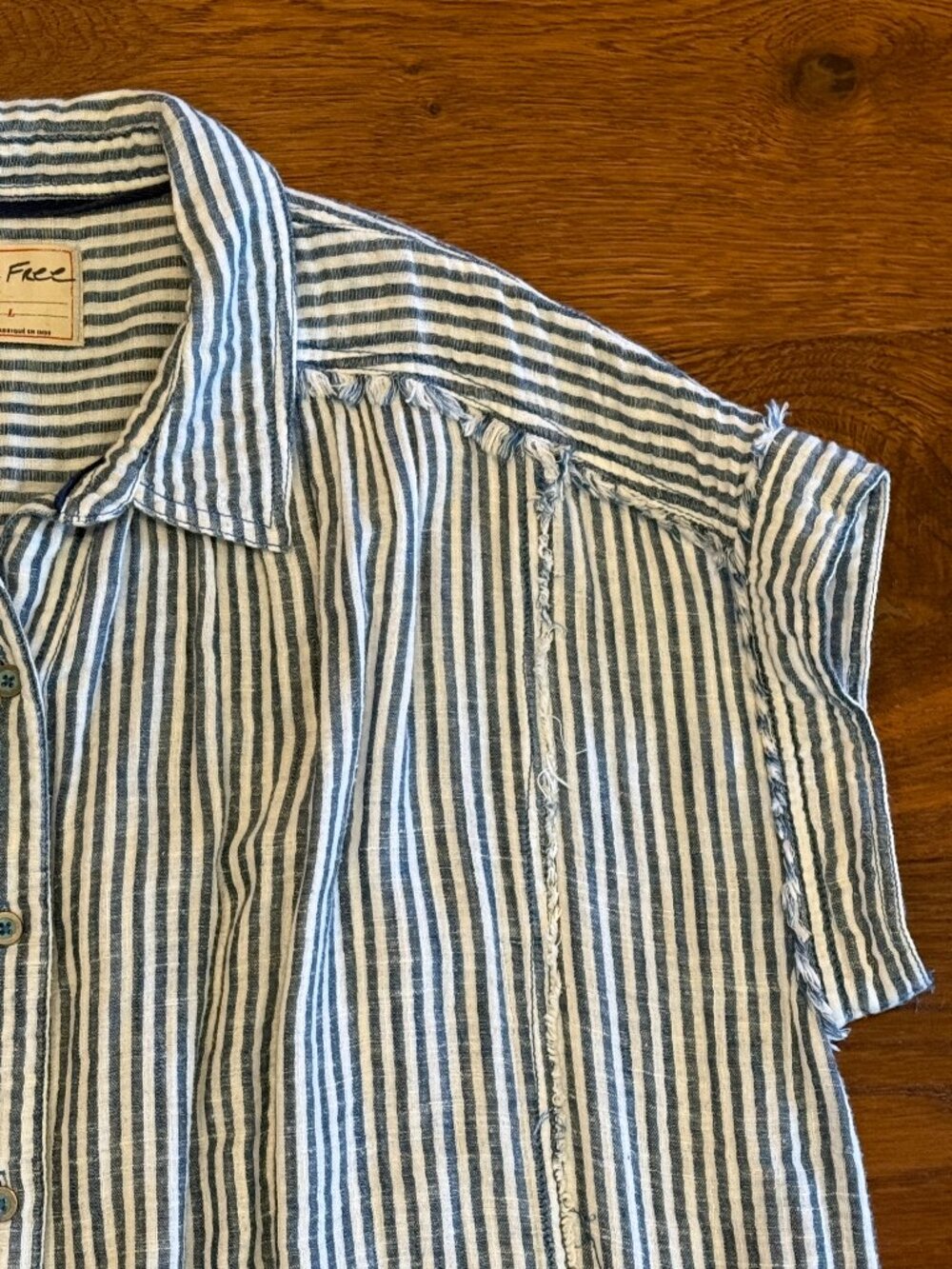 Free People / We The Free - Sun Beams Indigo Shirt - Indigo Stripe - Size L - Picture 6 of 7